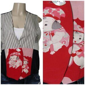OBI MINE Asian Novelty Mixed Print Japanese Art to wear Karako Teacher Vest S